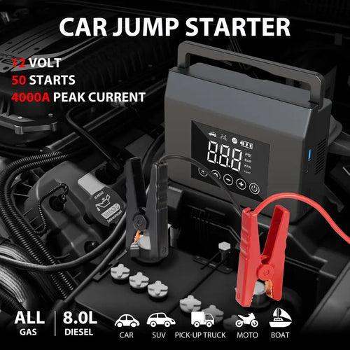 Portable Car Jump Starter with Tire Inflator & LED Light