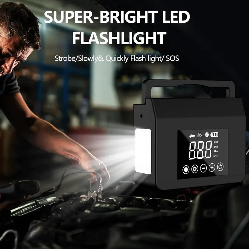 Portable Car Jump Starter with Tire Inflator & LED Light